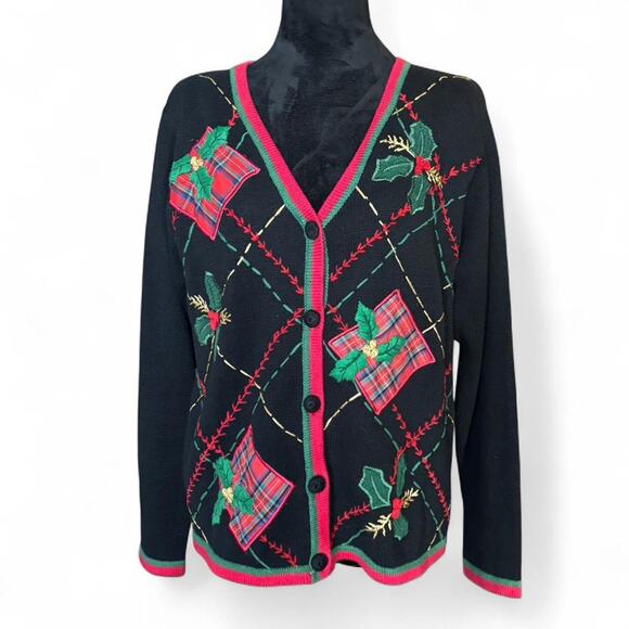 Basic Editions vintage Holiday Black Plaid Gift Embroidered Cardigan Sweater L - Picture 2 of 8